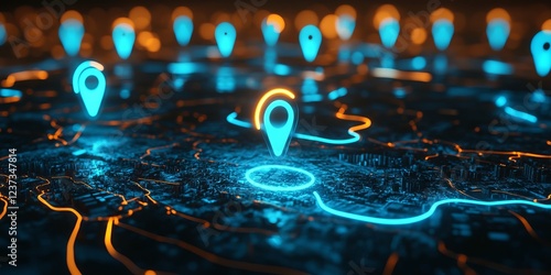 Digital Map with Neon Location Pins, AI generated illustration
