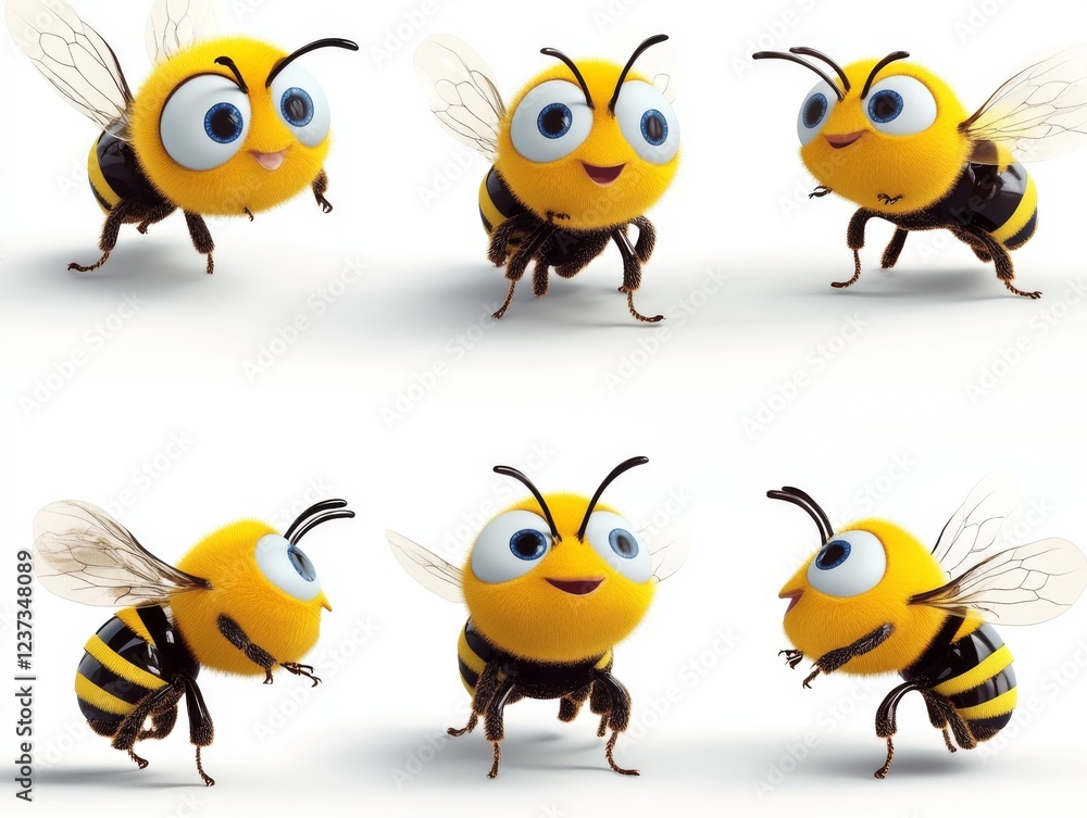 Fototapeta premium Six cute cartoon bees showing different expressions and poses