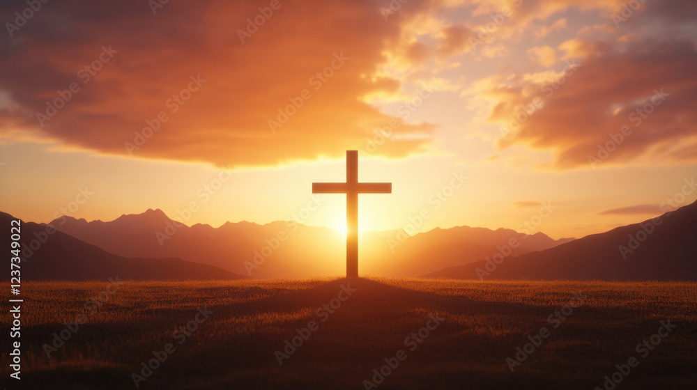 serene sunset illuminates cross on hill, symbolizing hope and faith. warm colors of sky create peaceful atmosphere, enhancing spiritual essence of scene serene sunset illuminates cross on hill, symbolizing hope and faith. warm colors of sky create peaceful atmosphere, enhancing spiritual essence of scene