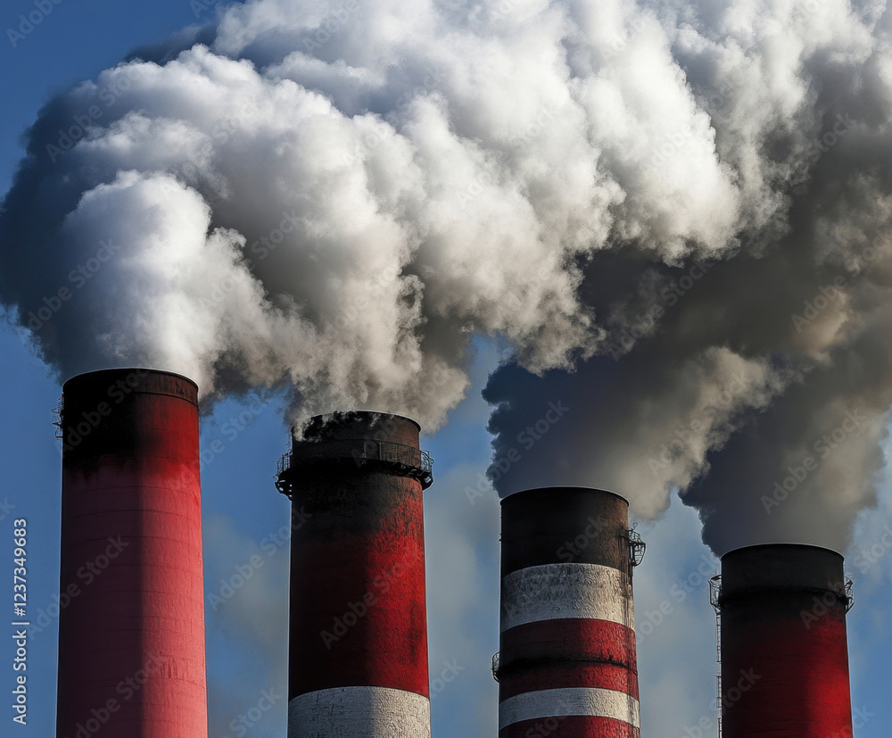 Industrial chimneys releasing thick smoke into sky, showcasing pollution and environmental impact. scene captures stark contrast of red and white against blue backdrop Industrial chimneys releasing thick smoke into sky, showcasing pollution and environmental impact. scene captures stark contrast of red and white against blue backdrop