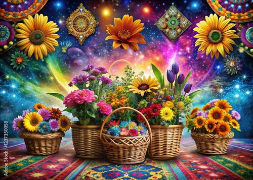 Geometric Flower Baskets Against a Cosmic Tapestry photo