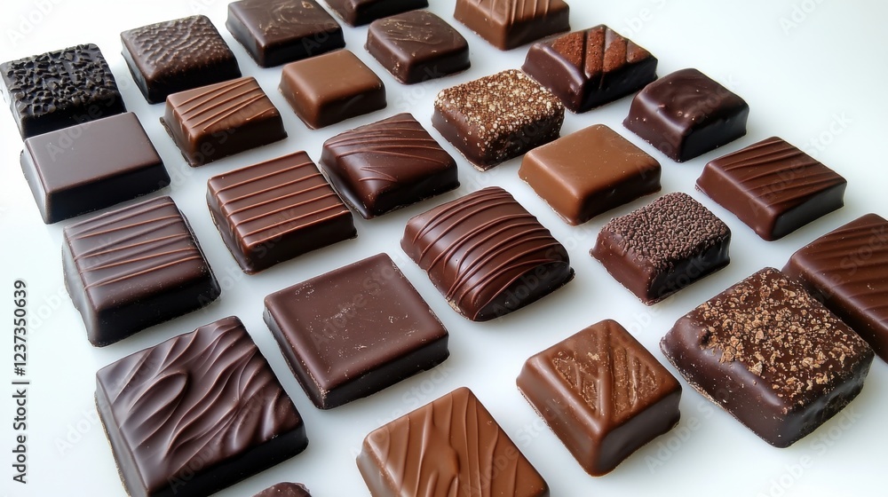 A collection of gourmet chocolates arranged on a white surface, A collection of gourmet chocolates arranged on a white surface,