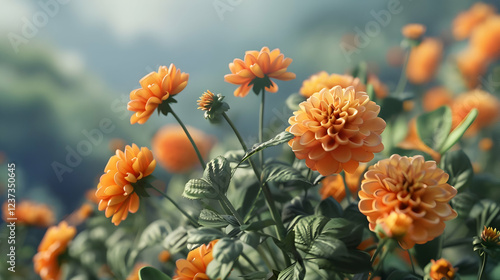 A vibrant display of orange flowers in a lush, green environment.