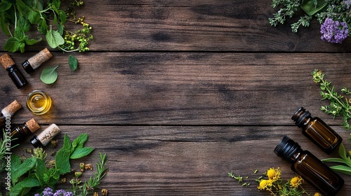 Traditional Medicine with Herbs and Essential Oil Bottles on Wooden Table - AI generated illustration