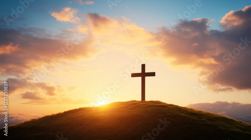 silhouette of cross on grassy hill at sunset, symbolizing faith and hope. vibrant sky enhances spiritual atmosphere, evoking sense of peace and reflection