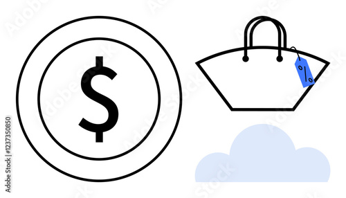 Dollar sign inside a circle, shopping bag with price tag, and cloud symbol. Ideal for e-commerce, online shopping, digital transactions, cloud storage, retail marketing, financial expenditure
