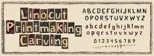Complete retro style alphabet made with woodcut and print marking techniques. Complete collection of letters and numbers..eps