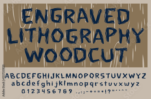 Full alphabet with highly detailed textured letters with an old linocut print texture. Unique Design Font. Carved, Engraved, Woodcut..eps