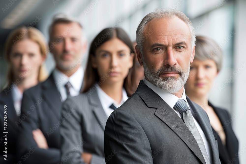 Portrait of confident mature businessman standing in front of his team. Portrait of confident mature businessman standing in front of his team.
