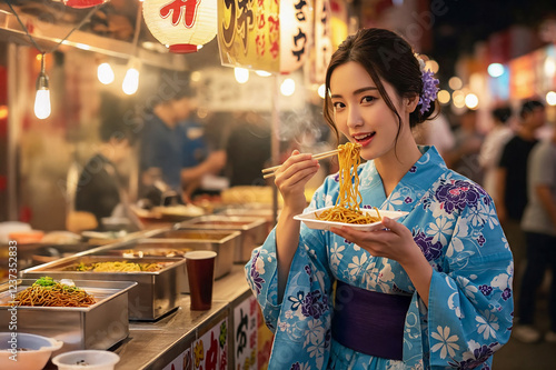 祭の屋台で焼きそばを食べる浴衣の女性