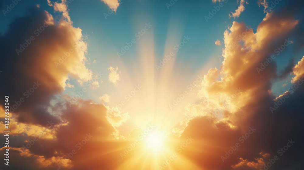 breathtaking view of sun rising above horizon, casting warm light through fluffy clouds, creating serene and uplifting atmosphere breathtaking view of sun rising above horizon, casting warm light through fluffy clouds, creating serene and uplifting atmosphere