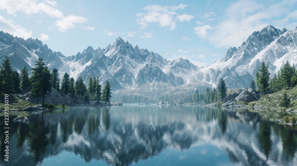 Serene Mountain Landscape with Reflections on Calm Lake Surface Serene Mountain Landscape with Reflections on Calm Lake Surface