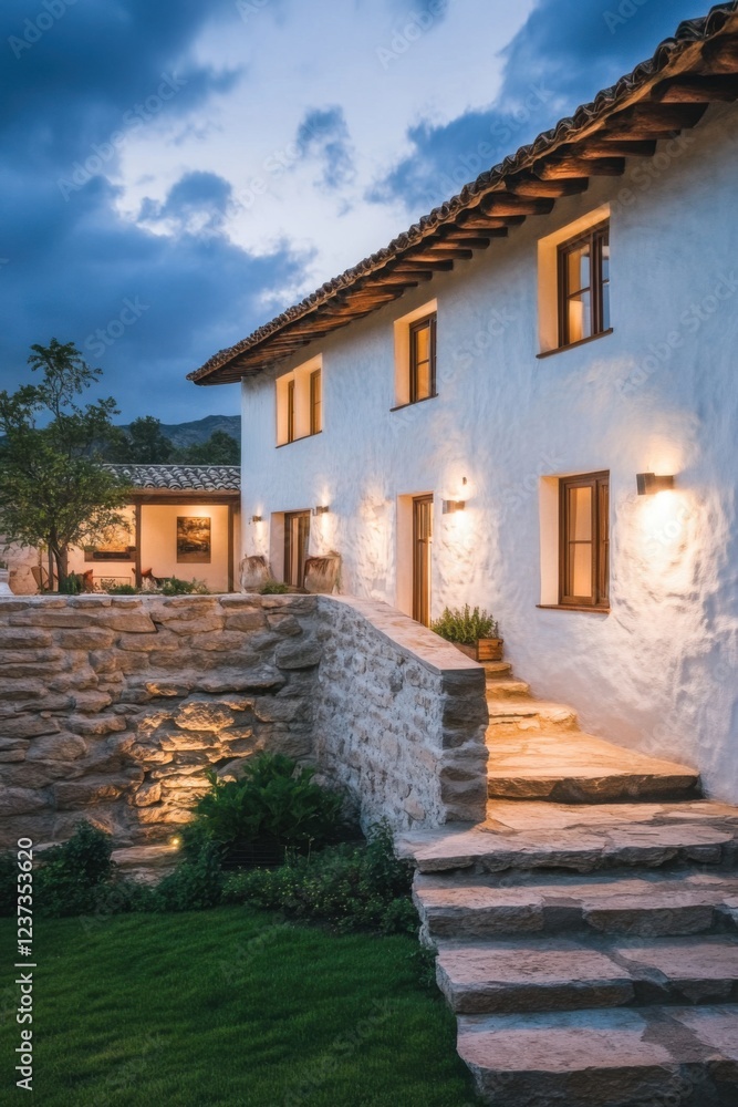 Beautifully designed rustic house illuminated by warm lights in a serene evening landscape with a garden and stone steps Beautifully designed rustic house illuminated by warm lights in a serene evening landscape with a garden and stone steps