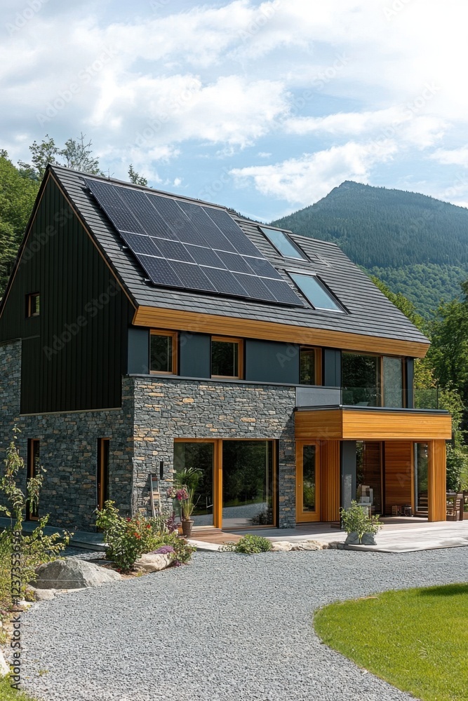 Naklejka premium A contemporary eco-friendly home featuring solar panels is beautifully situated against a stunning mountain backdrop, creating a tranquil landscape bathed in daylight