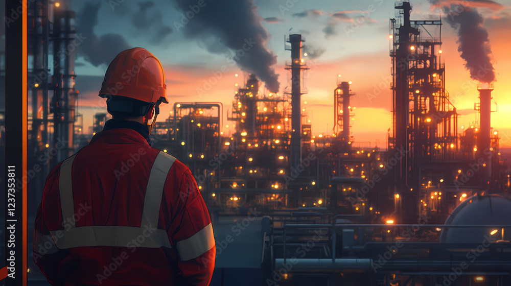 Engineer in advanced safety attire, framed by the warm twilight glow of an industrial plant, detailed machinery and soft sky gradients, hyperrealistic and cinematic. Cinematic Frame. Illustration Engineer in advanced safety attire, framed by the warm twilight glow of an industrial plant, detailed machinery and soft sky gradients, hyperrealistic and cinematic. Cinematic Frame. Illustration