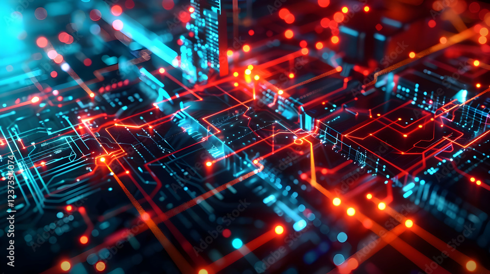 Fototapeta premium A vibrant digital circuit board with glowing lines and nodes representing technology and data flow.