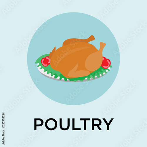 Flat style vector icon of a turkey poultry meal on a plate in a circle