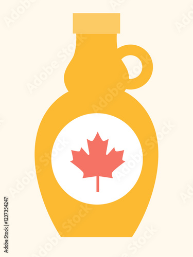 Flat style vector illustration of a bottle of pure Canadian maple syrup with a maple leaf
