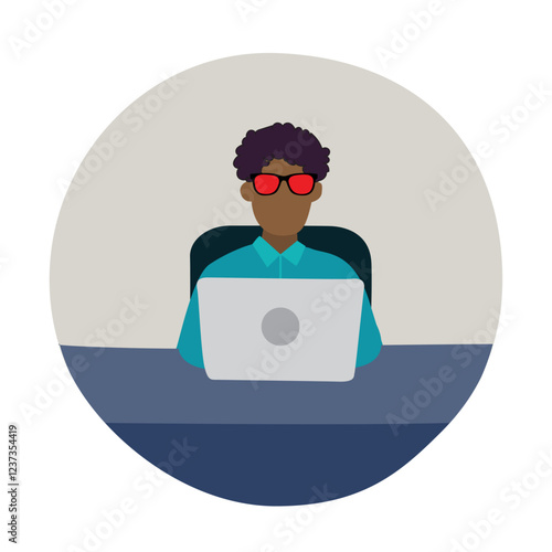 Flat style vector illustration of a trendy hip dude at a laptop wearing bright orange sunglasses