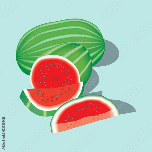 Flat style vector illustration of a watermelon with watermelon slices