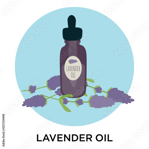 Flat style vector illustration of lavender oil with lavender plants in a blue circle