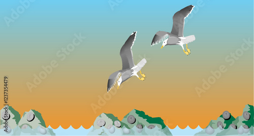 Flat style vector illustration of seagulls flying over an ocean jetty at sunset, feeding on mollusks