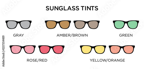 Flat style vector illustration of sunglasses with various tints including gray, amber, brown, green, rose, red, yellow, and orange