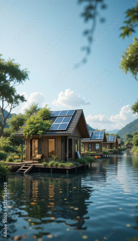 Fototapeta premium Eco friendly house on water with solar panels, surrounded by nature
