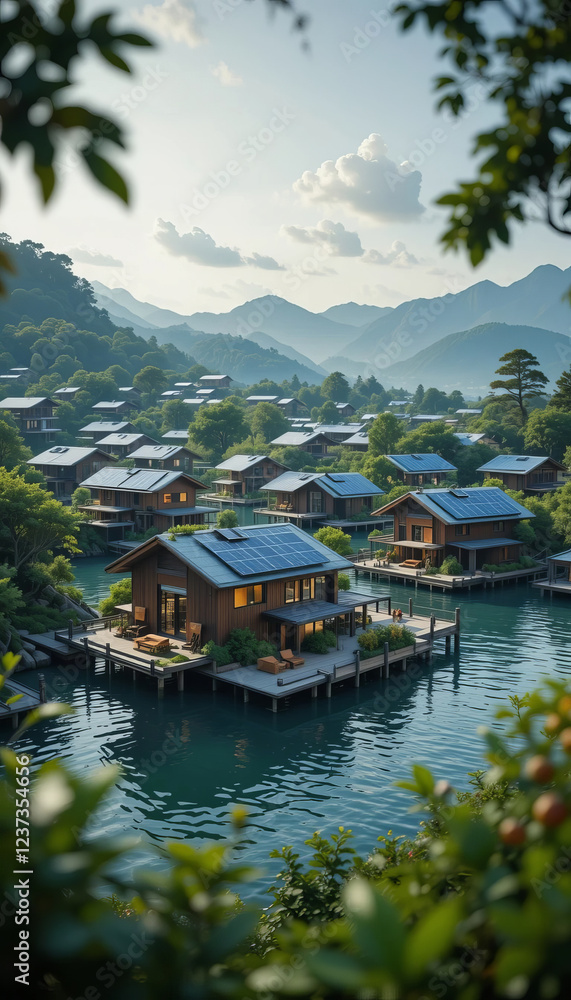 Fototapeta premium serene lakeside village with wooden houses surrounded by mountains and greenery. calm water reflects beautiful scenery