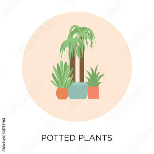 Vector flat style illustration or icon of potted plants inside a solid colored circle