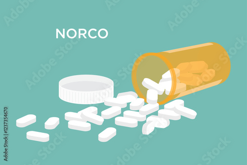 Vector Norco narcotic pain medicine tablets falling out of a prescription bottle