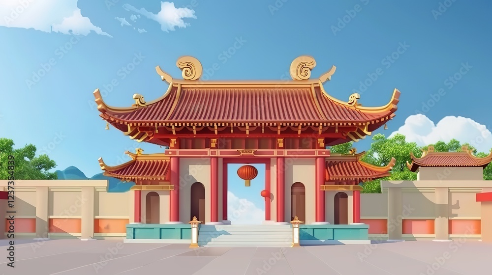 Fototapeta premium Mountns_digital_painting_ancient_chinese_architect
