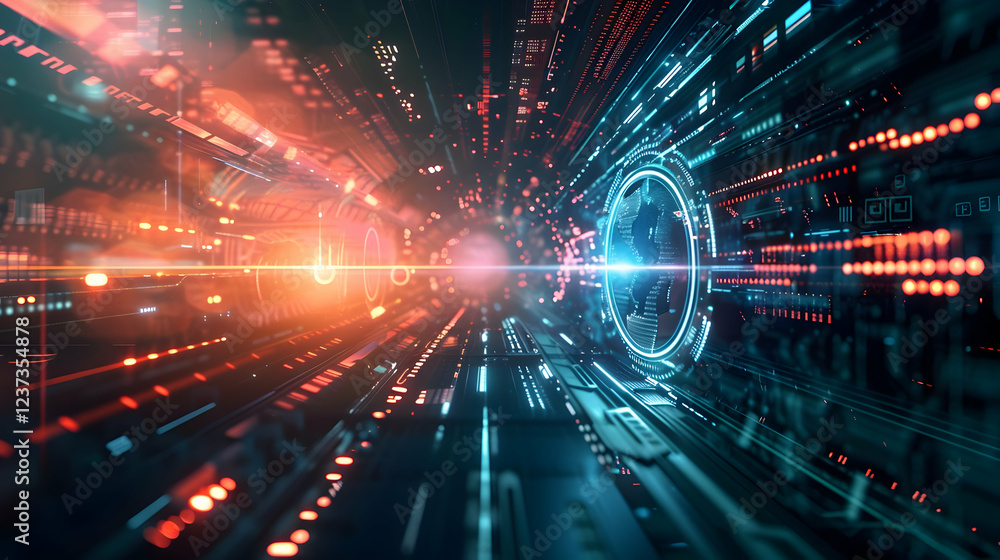 Obraz premium Futuristic digital landscape showcasing data streams and glowing elements.