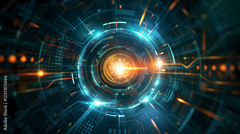 Fototapeta premium Abstract digital design featuring a glowing core surrounded by futuristic circuitry.