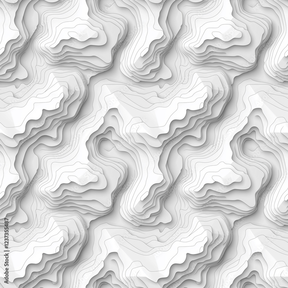 Fototapeta premium Seamless pattern, topographic illustration. White paper cut decoration textured with wavy layers 3d topography relief background.
