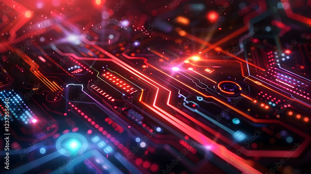 A vibrant close-up of a circuit board with glowing lights and intricate patterns. A vibrant close-up of a circuit board with glowing lights and intricate patterns.