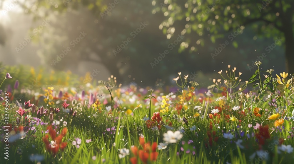 Vibrant Meadow with Wildflowers Under Soft Morning Light Vibrant Meadow with Wildflowers Under Soft Morning Light