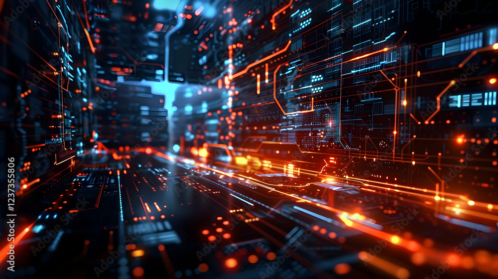 A futuristic digital landscape with glowing lines and data streams. A futuristic digital landscape with glowing lines and data streams.