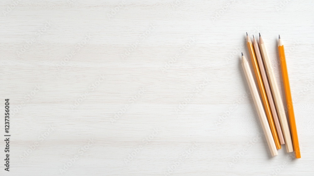Obraz premium Wooden pencils lie on a bright white wooden desk surface with ample copy space.