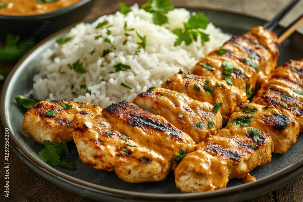 Grilled chicken satay, rice, sauce. Delicious meal Grilled chicken satay, rice, sauce. Delicious meal