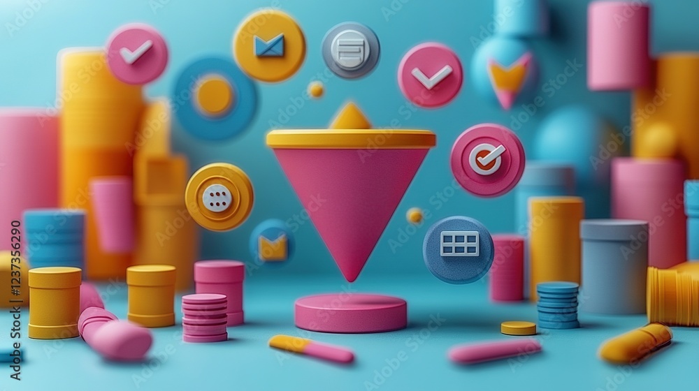 Abstract Colorful 3D Shapes Representing Data Funnel Abstract Colorful 3D Shapes Representing Data Funnel