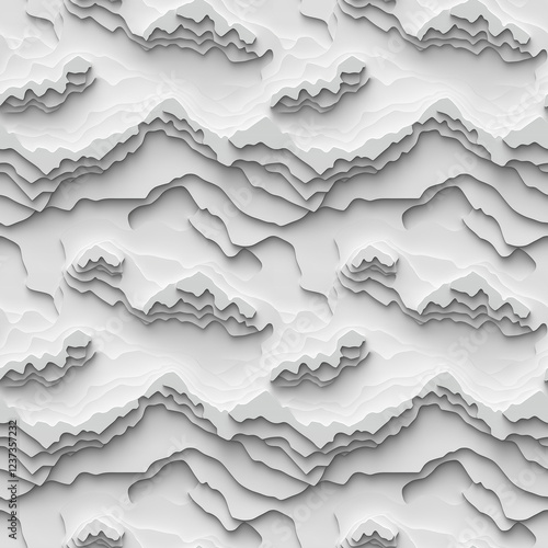 Seamless pattern, topographic illustration. White paper cut decoration textured with wavy layers 3d topography relief background.