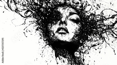 Intense black ink droplets exploding midair creating intricate patterns and delicate tendrils against a stark white background highcontrast dramatic composition. Delicate Ink. Illustration photo