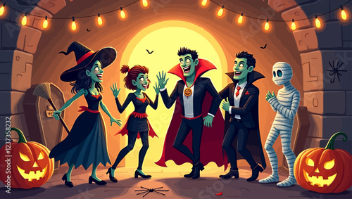 People having fun at Halloween party dressed as witch, zombie, vampire, dracula, mummy, cartoon vector illustration. Halloween party, garlands, pumpkins, people in costumes, coffins