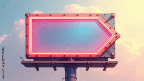 Street advertising billboard retro. Realistic 3d sign with neon lights. Blank light background for your text, publicity, promotion. The frame and arrow box. Vector illustration