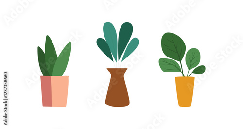 Houseplants set. Indoor plants growing in pots. Green leaf foliage, greenery. Natural home and office decoration in planters, flowerpots. Flat vector illustration isolated on white background