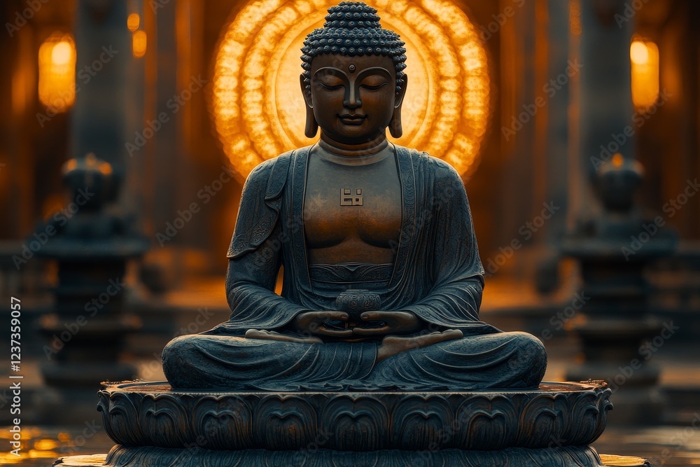 Fototapeta premium Serene Buddha statue meditating in temple