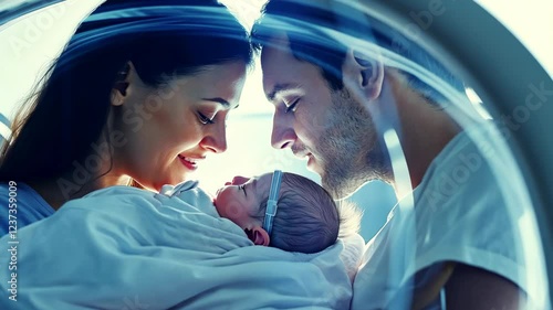 New parents gaze lovingly at their newborn in a hospital nursery, celebrating the arrival of new life with joy and tenderness