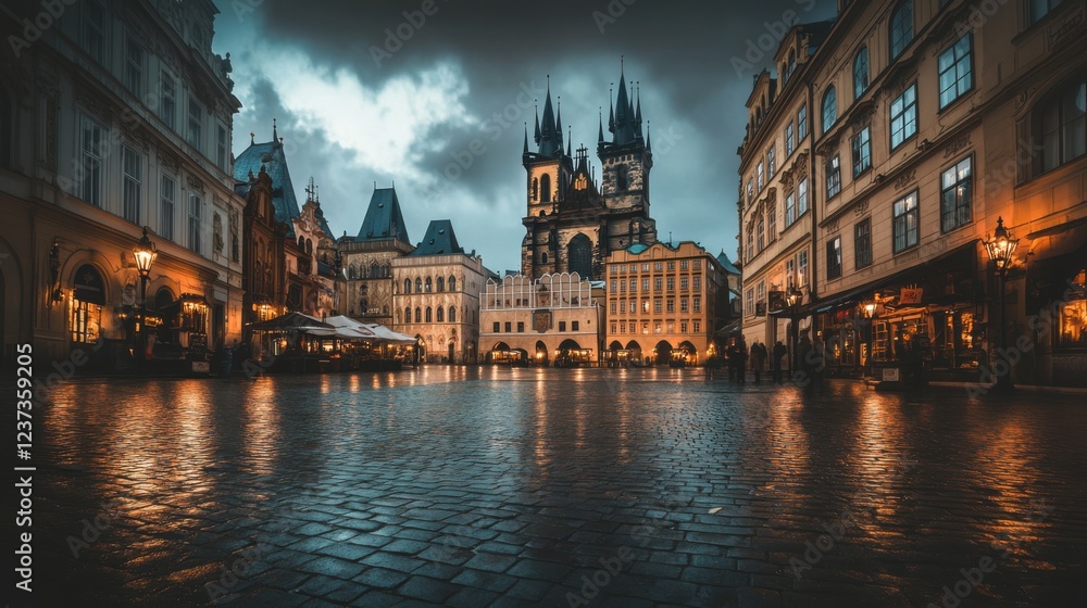 Fototapeta premium A gothic market square under a storm-lit sky, with lanterns