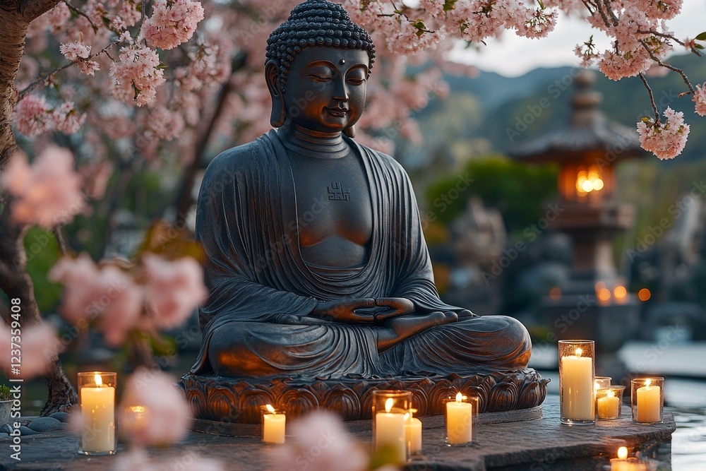 Fototapeta premium Serene Buddha statue amidst cherry blossoms, candles, and lanterns